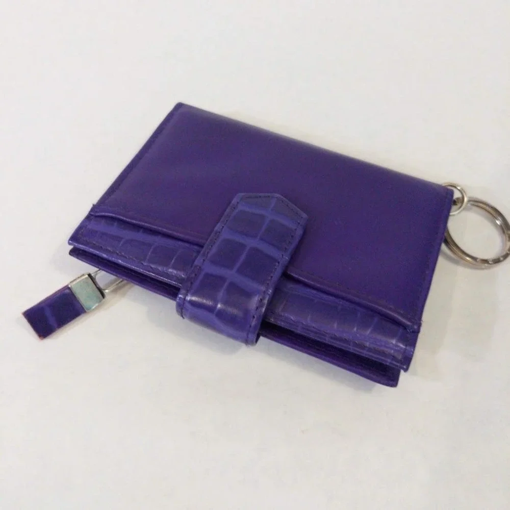 Buxton Purple Leather Card Case Wallet Croc Embossed Keyring RFID Insert NWT